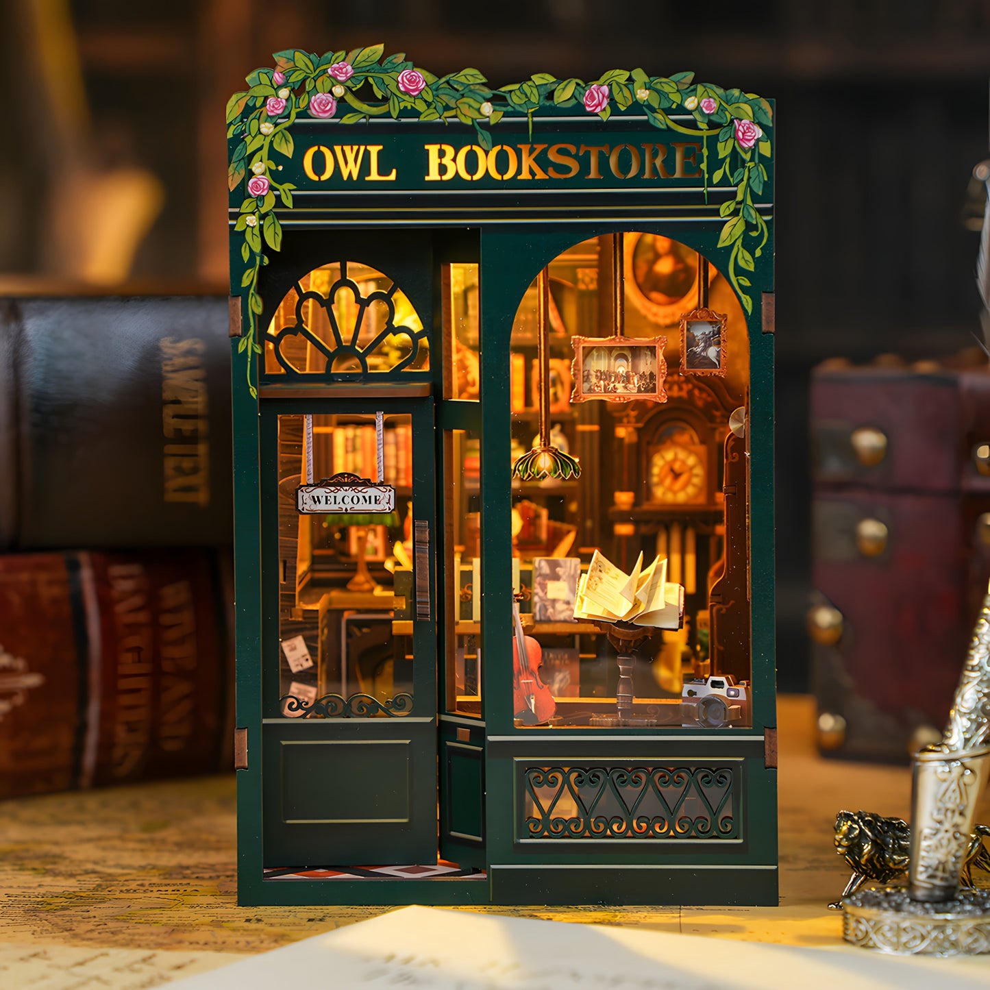 Boutique de livres miniature DIY Hiboux – Kit 3D en bois avec éclairage pour décoration créative