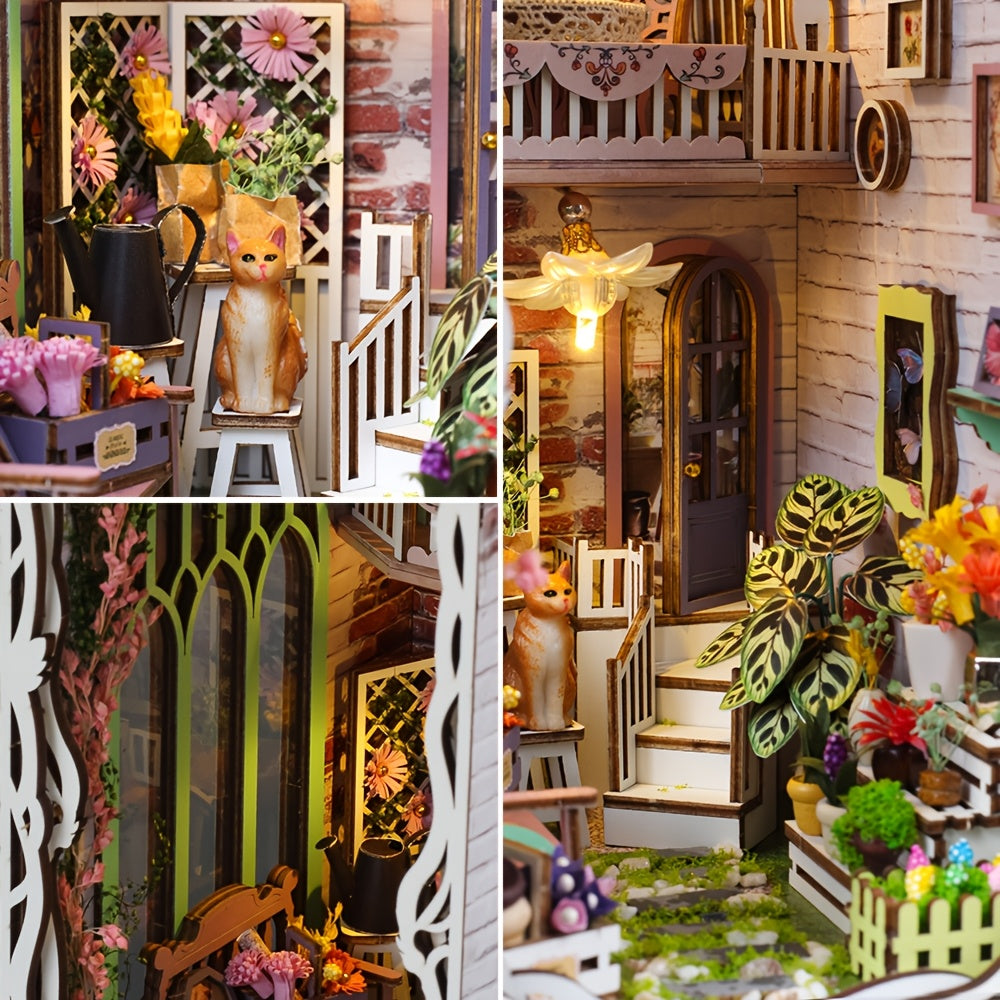 Puzzle 3D en bois – Maison fleurie blanche avec éclairage et housse anti-poussière