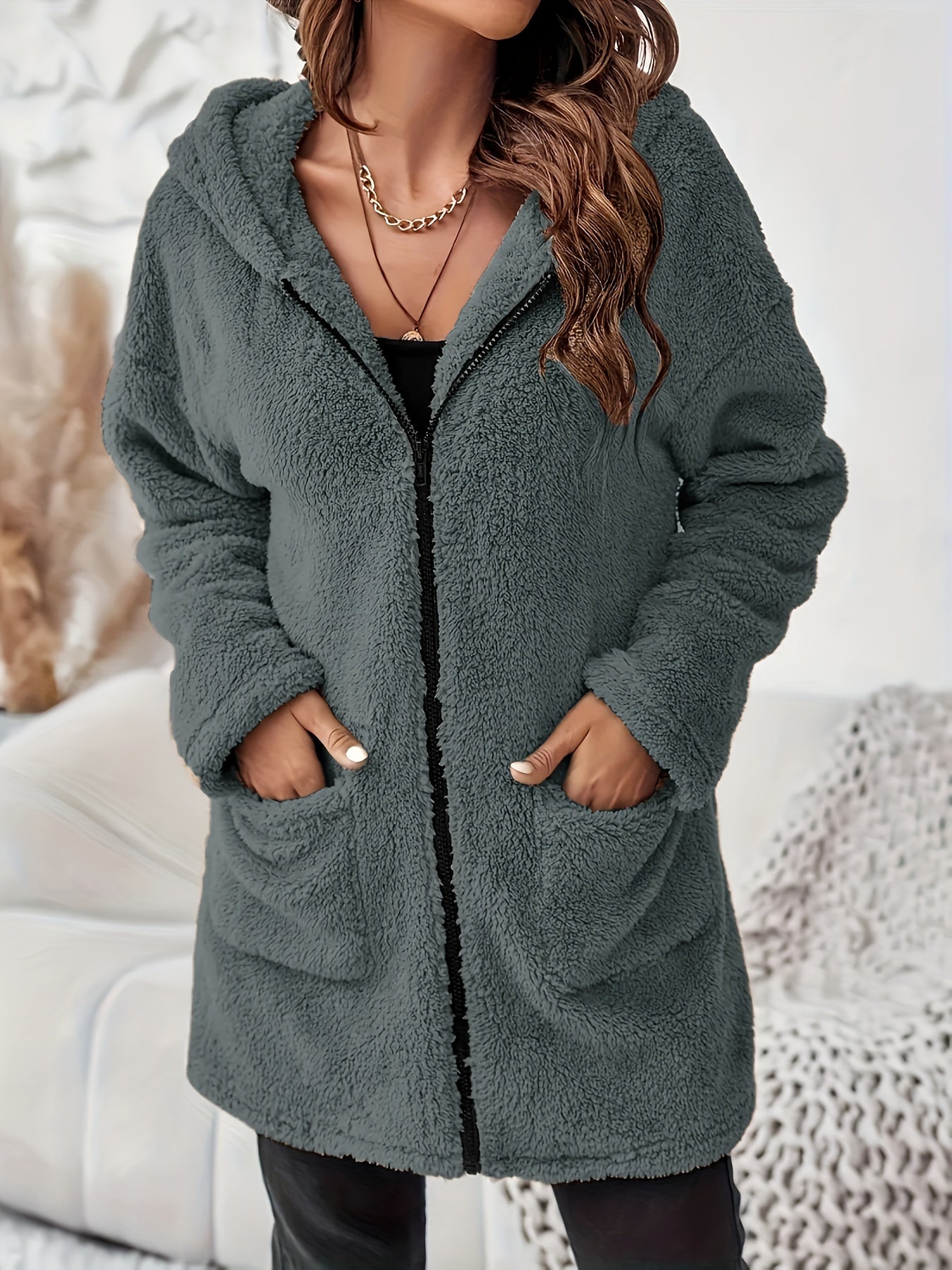 Veste d’hiver en peluche douce avec poches et fermeture éclair