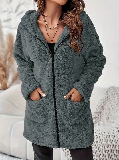 Veste d’hiver en peluche douce avec poches et fermeture éclair