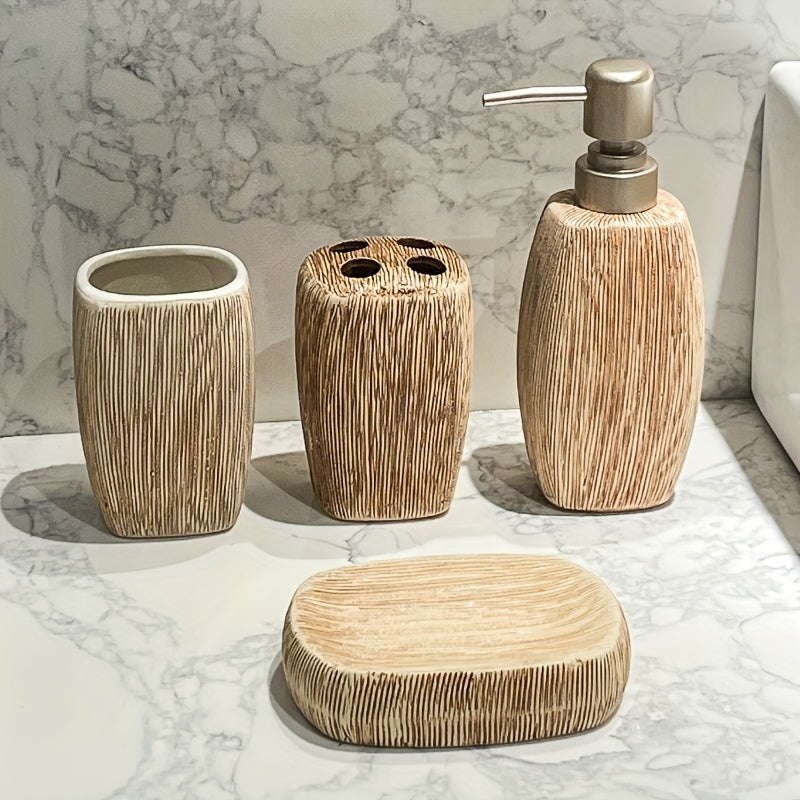 Set de Salle de Bain en Céramique Style Grain de Bois – Accessoires de Luxe pour une Touche Naturelle dans votre Salle de Bain