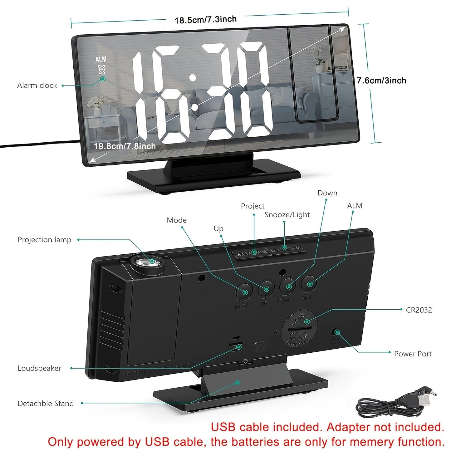 Réveil projecteur LED avec projection réglable à 180° – Affichage clair et fonction snooze pour chambre ou bureau