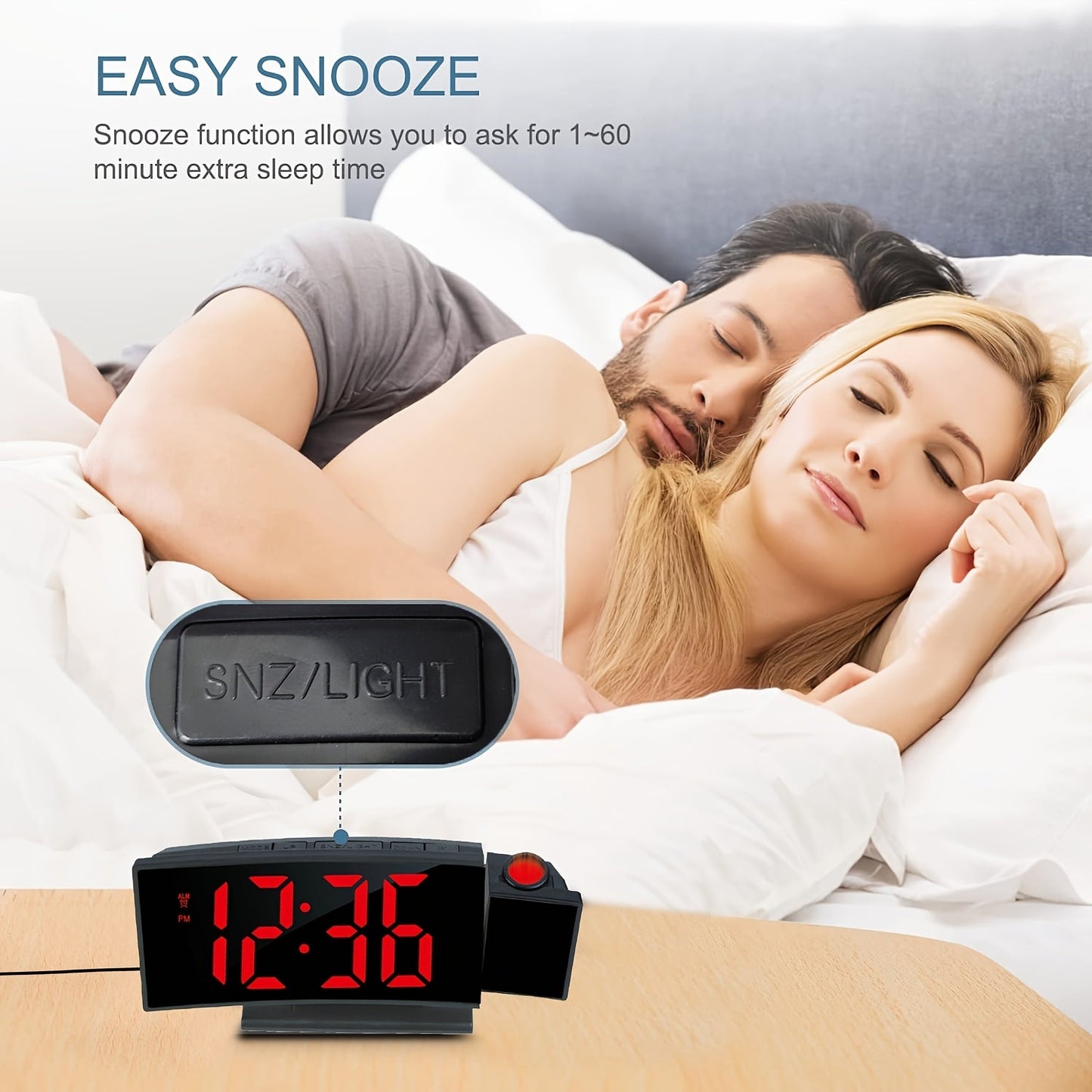 Réveil projecteur digital – Affichage LED et fonction snooze avec luminosité réglable