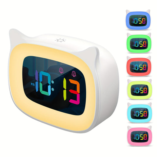 Réveil mignon avec oreilles de chat – Veilleuse RGB avec 18 mélodies et recharge USB