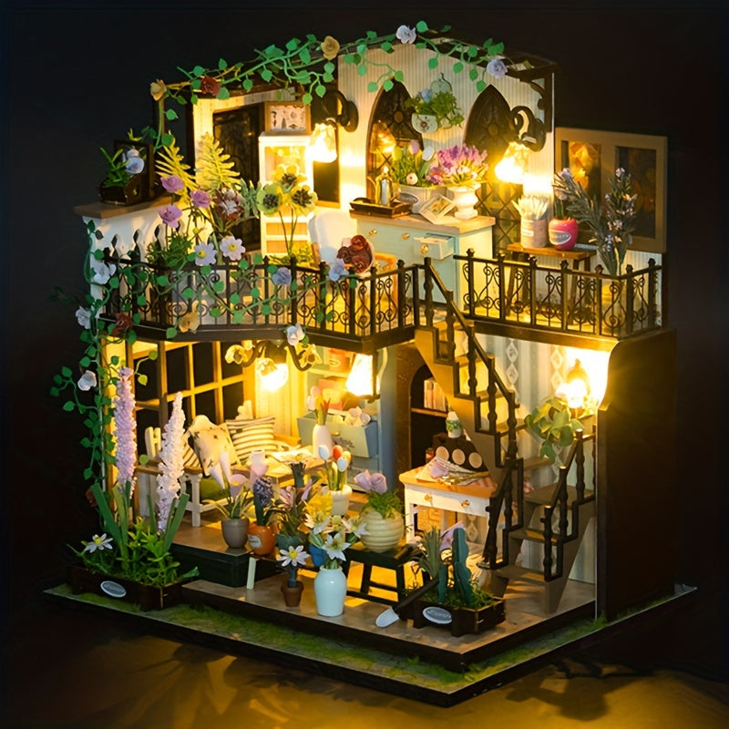 Maison-serre miniature DIY avec éclairage – Puzzle 3D fait main pour décoration créative