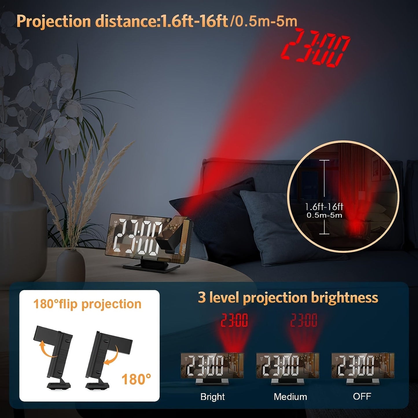 Réveil projecteur LED avec projection réglable à 180° – Affichage clair et fonction snooze pour chambre ou bureau