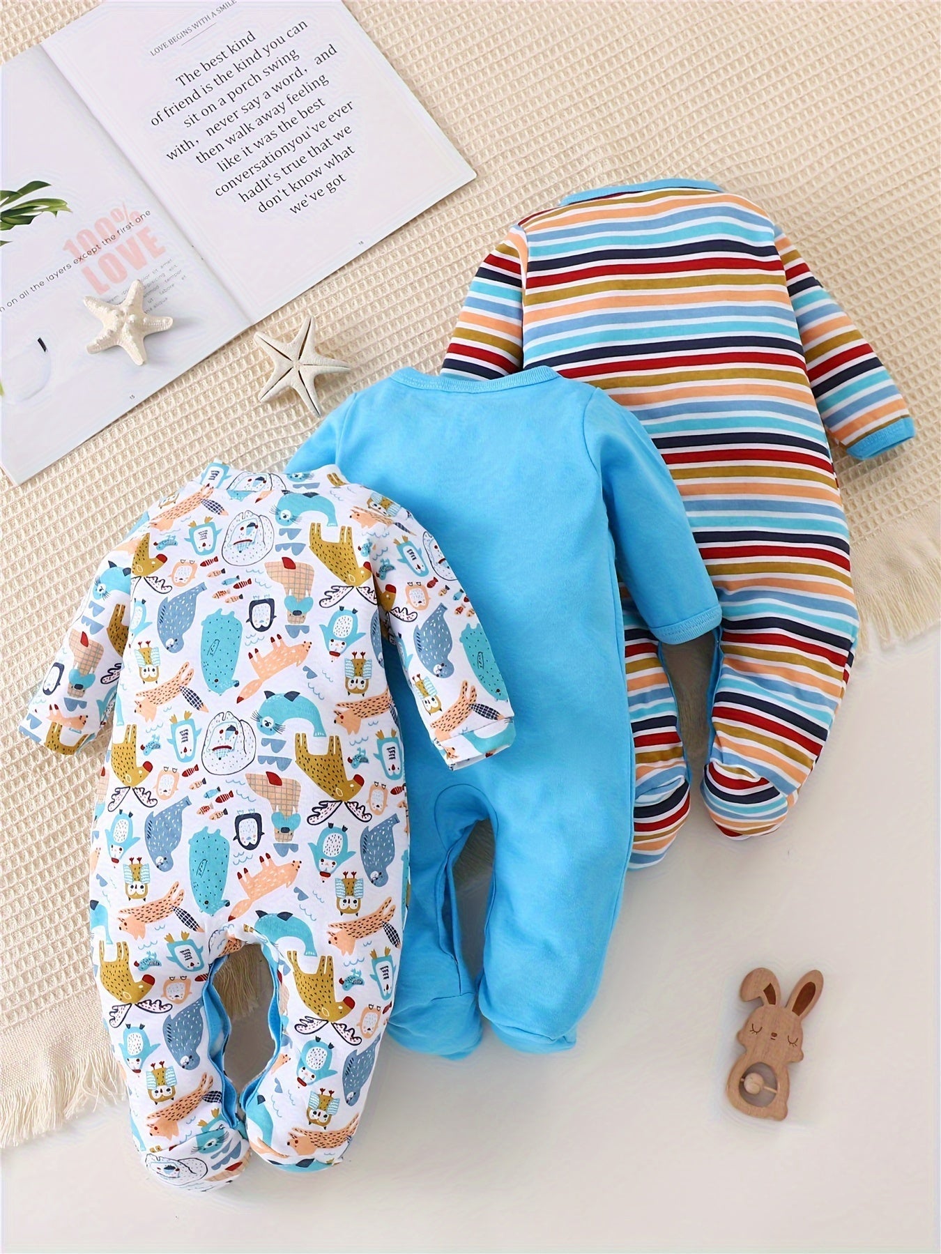 Set de 3 Bodys Bébé avec Imprimés Animaux – Manches Longues pour Activités en Plein Air