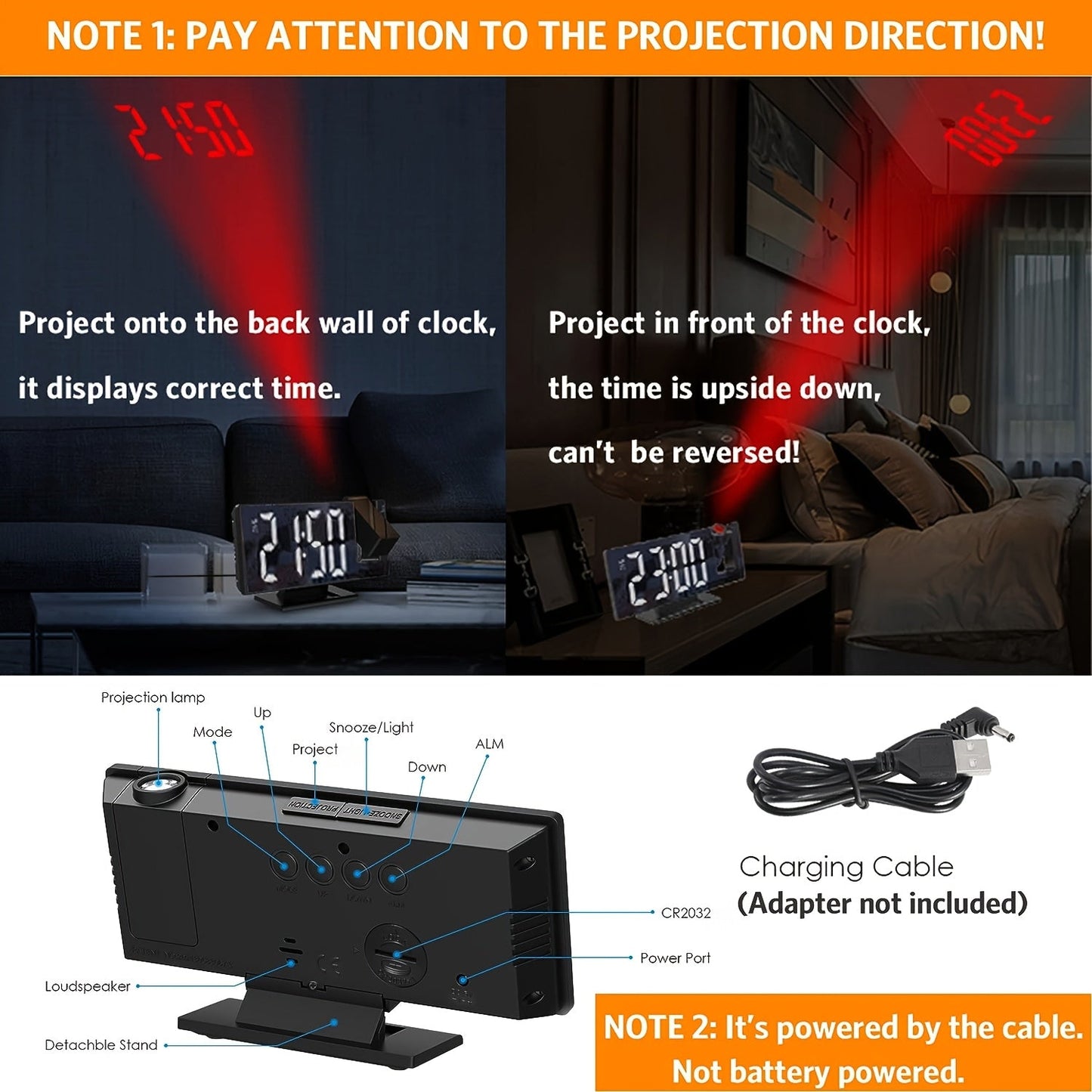 Réveil projecteur LED avec projection réglable à 180° – Affichage clair et fonction snooze pour chambre ou bureau