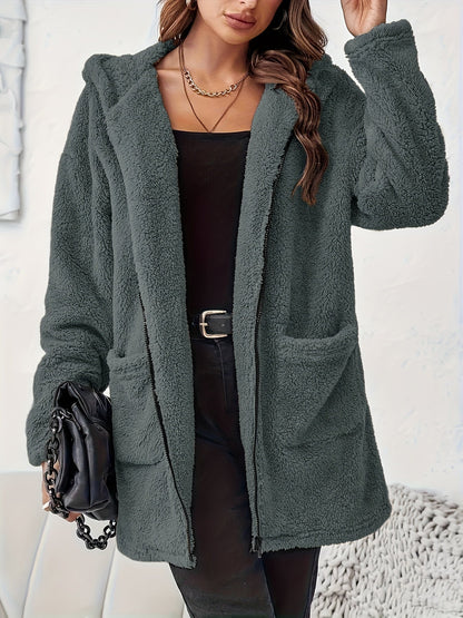 Veste d’hiver en peluche douce avec poches et fermeture éclair
