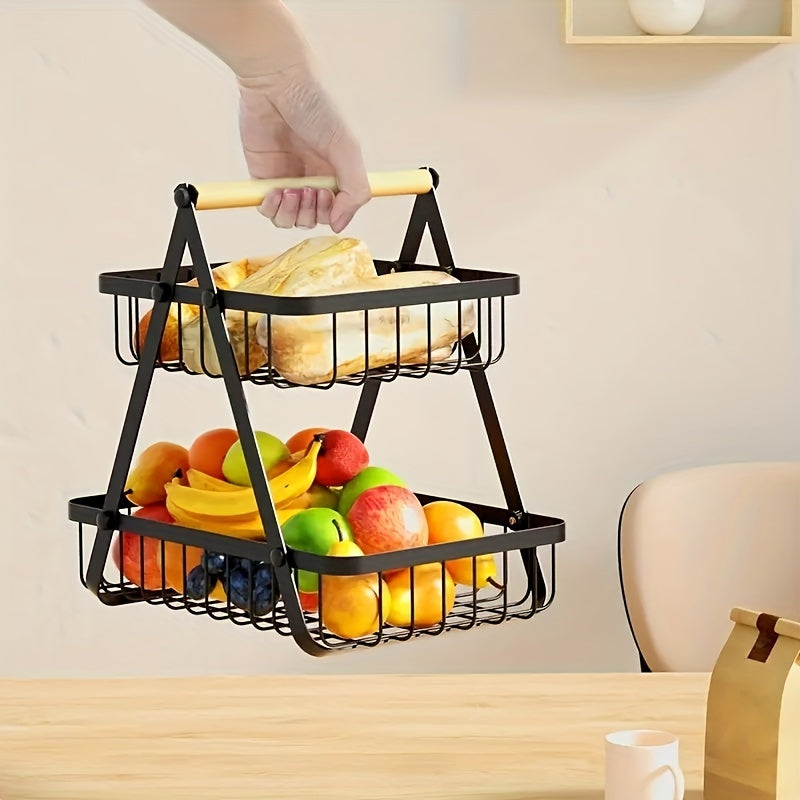 Panier de rangement 2 ou 3 étages avec poignée en bois - Solution élégante pour cuisine et salle de bain