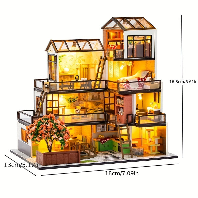 Kit de puzzle 3D villa miniature – Modèle fait main avec éclairage LED et intérieur détaillé