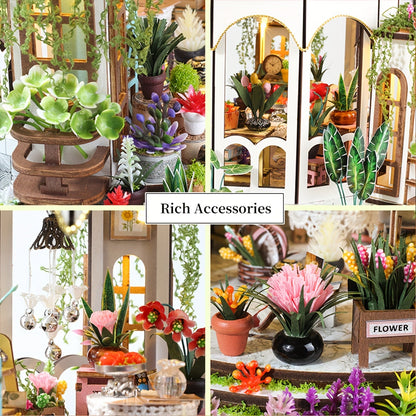 Maison miniature fleurs – Puzzle 3D en bois avec éclairage LED et jardin détaillé