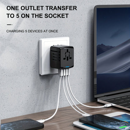 Adaptateur de voyage avec 4 ports USB et Type-C – Charge rapide et sécurité mondiale