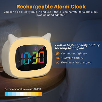 Réveil mignon avec oreilles de chat – Veilleuse RGB avec 18 mélodies et recharge USB
