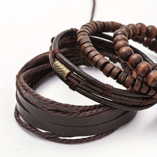 Set de bracelets en cuir et bois élégants – Pour l’homme moderne