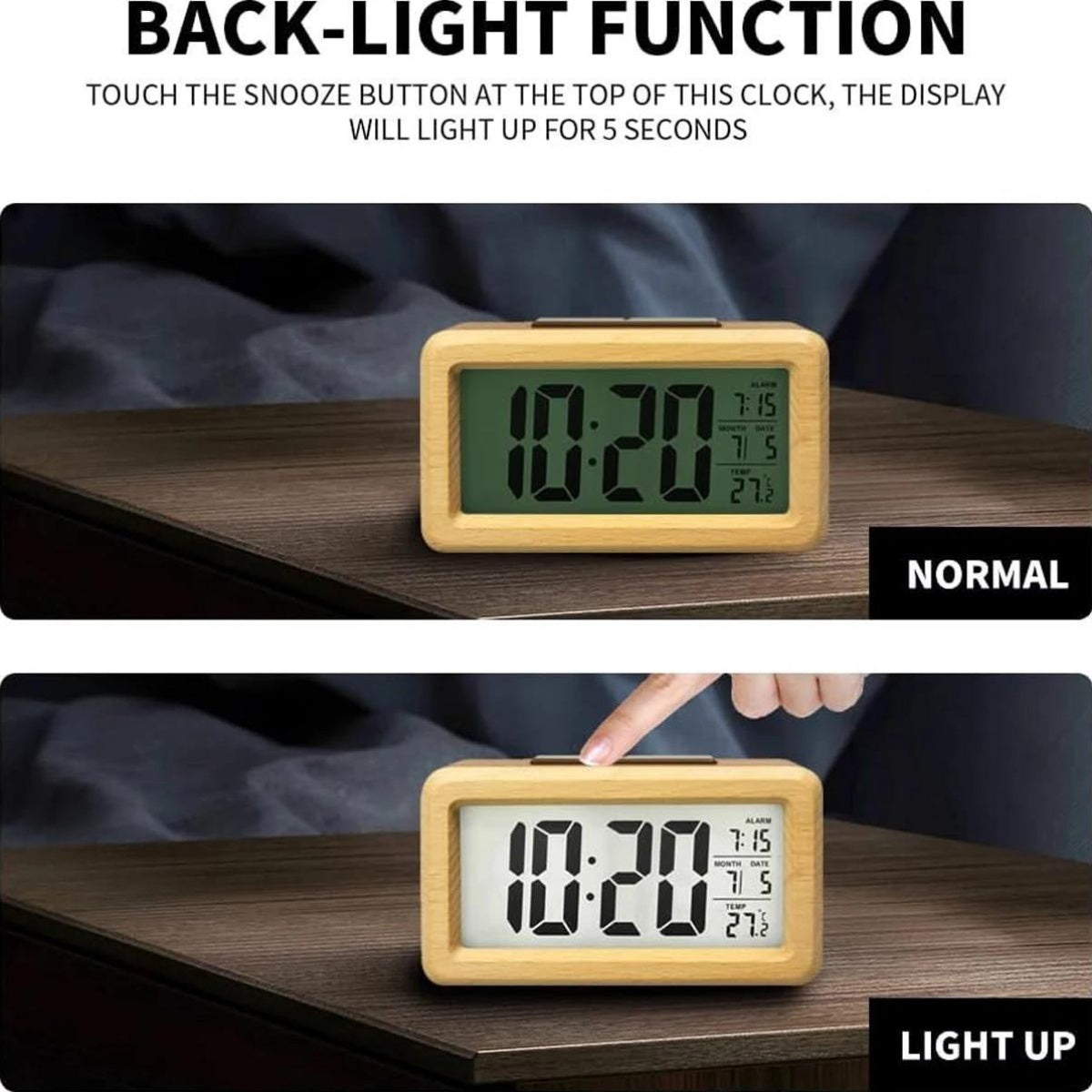 Réveil digital en bois – Écran LED avec température et date