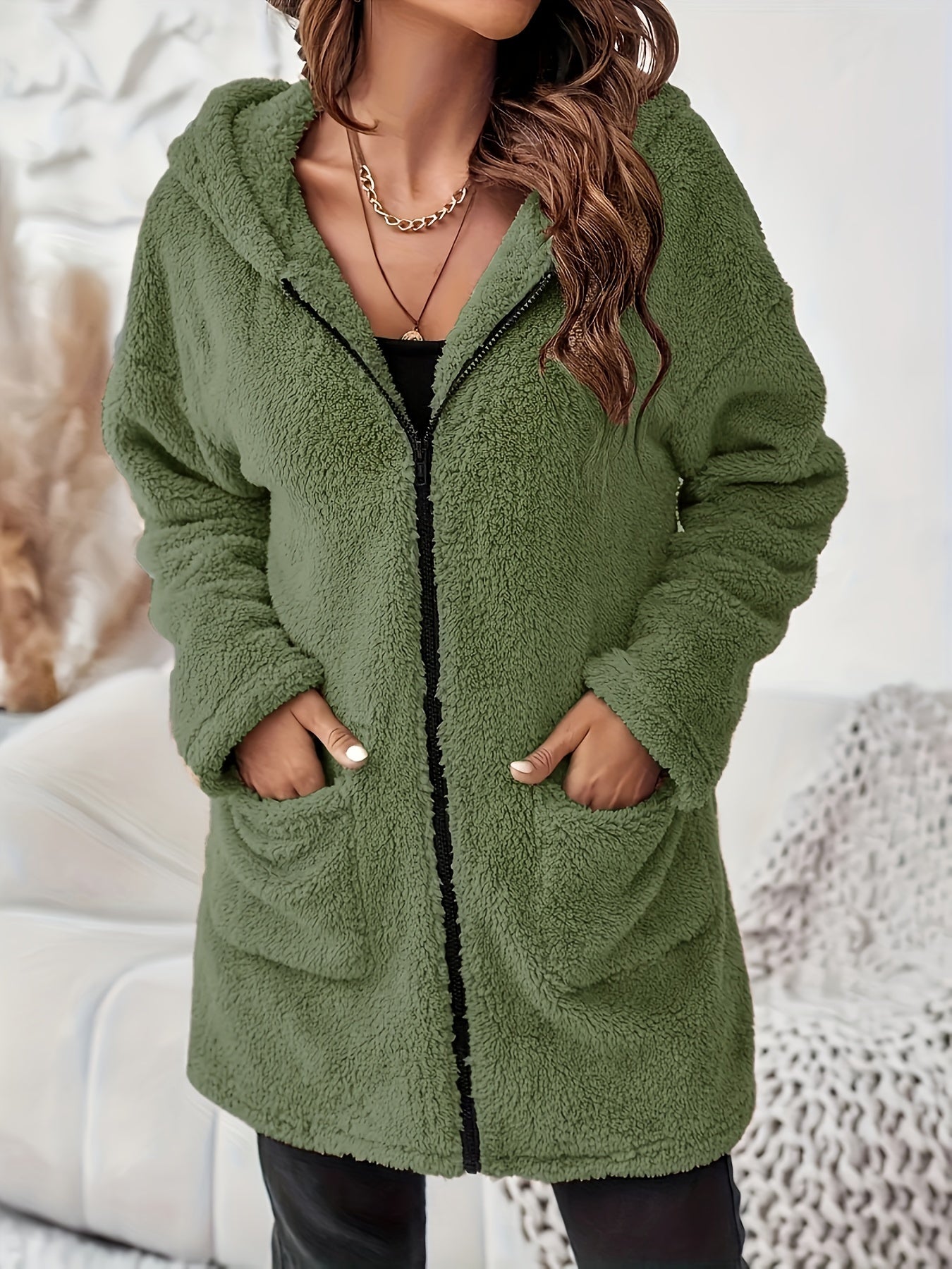 Veste d’hiver en peluche douce avec poches et fermeture éclair