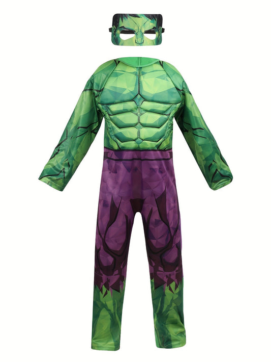 Costume de Super-héros pour Enfants – Combinaison Verte avec Motif Musclé et Masque