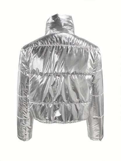 Veste courte brillante à fermeture éclair - Manteau d’hiver chaud et stylé pour femme