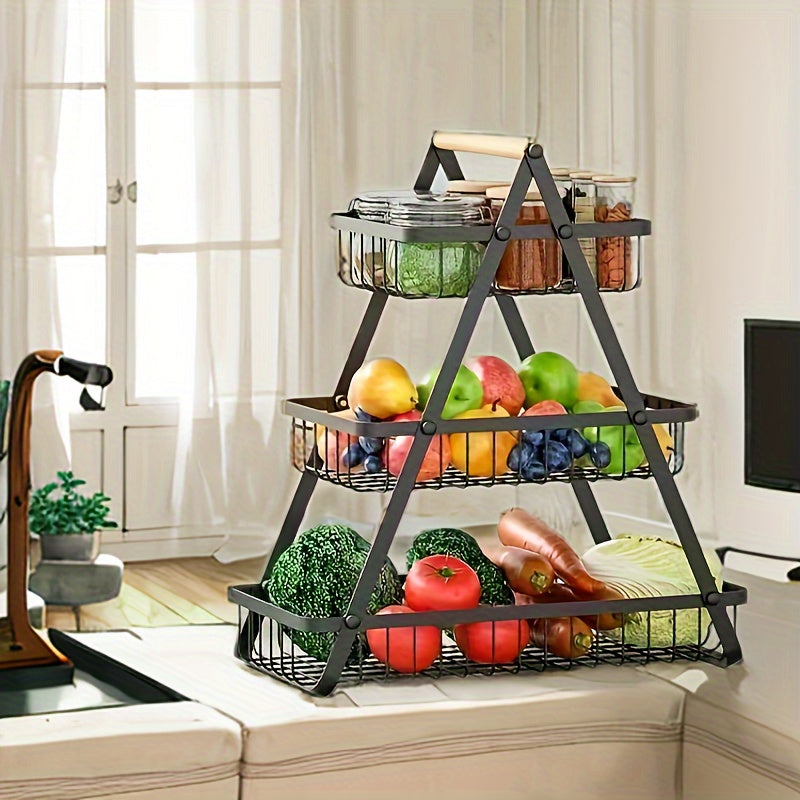 Panier de rangement 2 ou 3 étages avec poignée en bois - Solution élégante pour cuisine et salle de bain