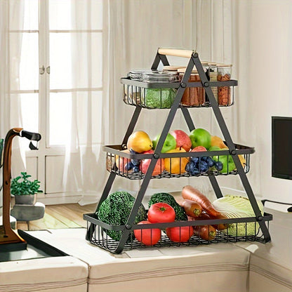 Panier de rangement 2 ou 3 étages avec poignée en bois - Solution élégante pour cuisine et salle de bain
