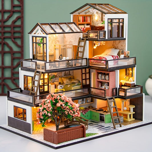 Kit de puzzle 3D villa miniature – Modèle fait main avec éclairage LED et intérieur détaillé