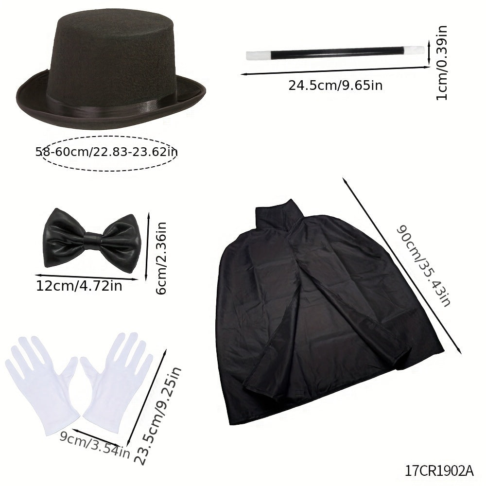 Ensemble Costume de Magicien pour Tours Magiques – Comprend Chapeau, Cape, Baguette et Gants