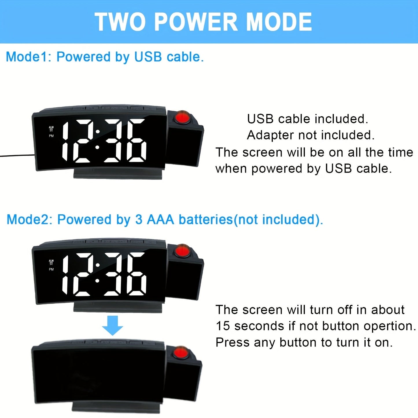 Réveil projecteur digital – Affichage LED et fonction snooze avec luminosité réglable