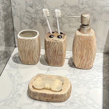 Set de Salle de Bain en Céramique Style Grain de Bois – Accessoires de Luxe pour une Touche Naturelle dans votre Salle de Bain