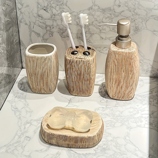 Set de Salle de Bain en Céramique Style Grain de Bois – Accessoires de Luxe pour une Touche Naturelle dans votre Salle de Bain