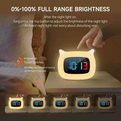Réveil mignon avec oreilles de chat – Veilleuse RGB avec 18 mélodies et recharge USB