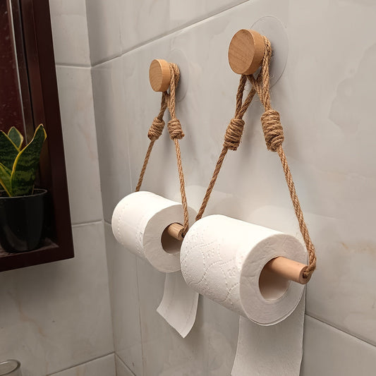 Support Papier Toilette Rustique – Corde Macramé et Bâton en Bois pour Salle de Bain